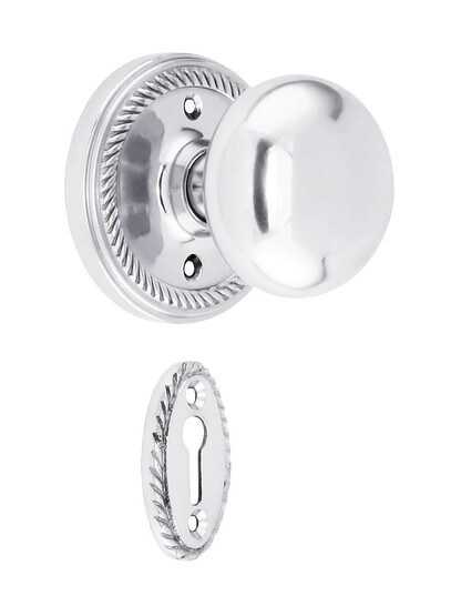 Rope Rosette Mortise Lock Set With Round Brass Knobs in Polished Chrome finish.